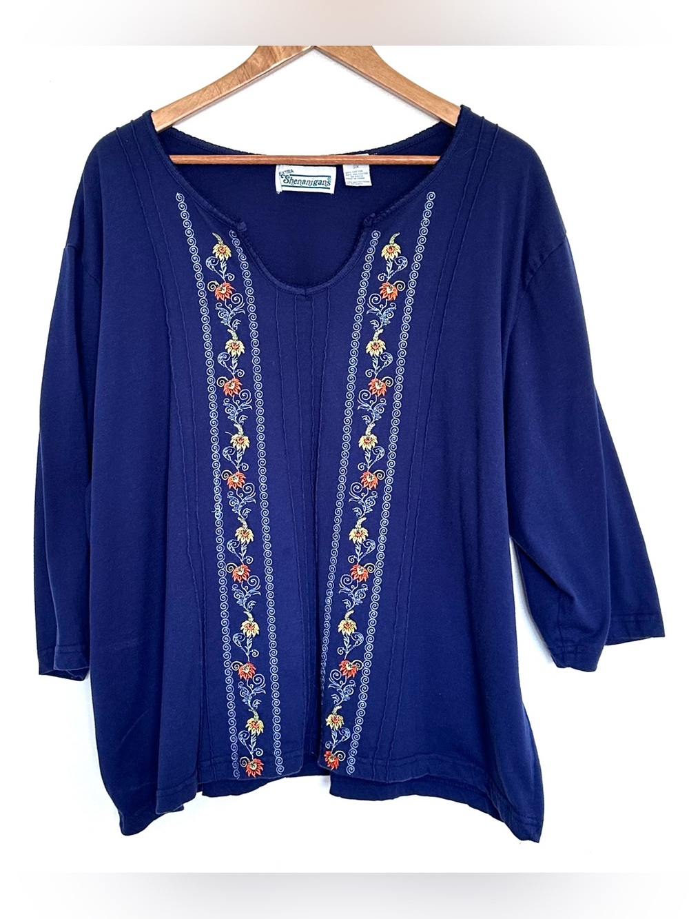 Shenanigans Plus Shirt Women’s 3X Blue Floral Embroidered 3/4 Sleeve Blouse Top